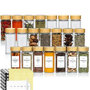 Set di 12 barattoli per spezie rotondi in vetro 90ml con coperchi in bambù ed etichette