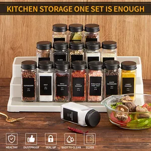 Set de botes para especias cuadrados de 120 ml con tapas negras y estante organizador