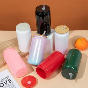 Detailed arrangement of various colorful 500ml glass can-shaped cups with straws and lids