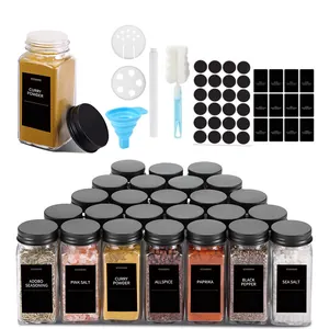 Set de tarros de especias cuadrados de 120ml con tapas de aluminio negras y etiquetas
