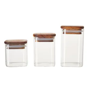 3er Set quadratische Glasvorratsgläser mit luftdichten Akazienholzdeckeln für die Küche