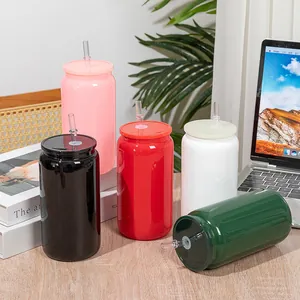 500ml glass can-shaped cups in various colors with matching plastic lids and straws