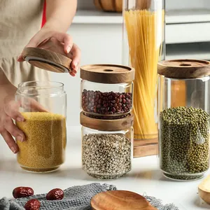 Juego de tarros de cristal de borosilicato con tapas de madera de acacia para cocina.