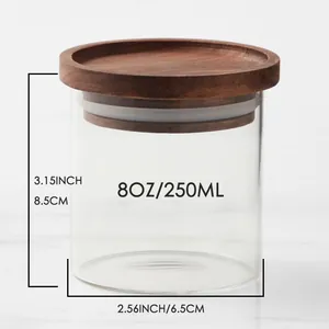 Λεπτομερείς διαστάσεις γυάλινου βάζου 250ml με καπάκι από ξύλο ακακίας για μπαχαρικά