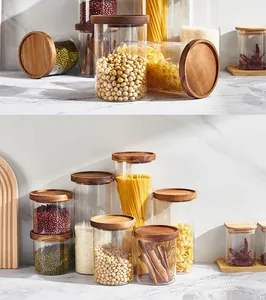 Frascos de vidrio de borosilicato con tapa de madera para organización de la cocina