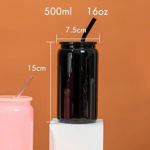 Detailed dimensions of 500ml black glass can cup with straw and lid