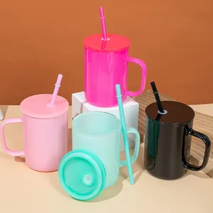 Set of 17oz colorful borosilicate glass mugs featuring lids and reusable straws