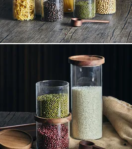 Tarros de vidrio profesionales apilables con tapas de madera para cereales y arroz