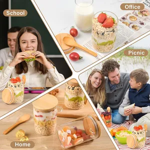 Barattoli in vetro con coperchi in bambù e cucchiai per casa, ufficio e picnic all'aperto.