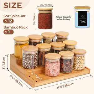Dimensioni dettagliate di 12 barattoli per spezie da 6 oz con rastrelliera in bambù