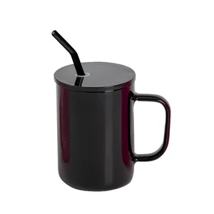 Sleek minimalist solid black glass mug with lid and reusable drinking straw 17oz capacity for home