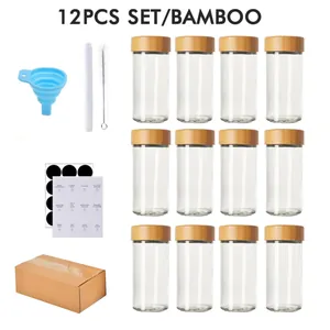Komplettes 12-teiliges Gewürzglas-Set mit Bambusdeckeln, Trichter, Reinigungsbürste und Etiketten