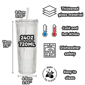 Detailansicht eines 720ml Glasbechers mit Maßen und Spülmaschinenfestigkeit-Hinweis