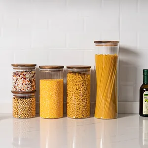 5-piece glass storage jar set with airtight wooden lids for kitchen organization