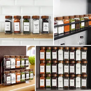 Detailed collage of 12 glass spice jars with acacia wood lids shown in various kitchen settings.