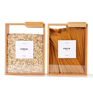 Modern Bamboo Sliding Lid Cereal Storage Box Transparent Acrylic Kitchen Food Container For Grains Flour Pasta Rice Organizer