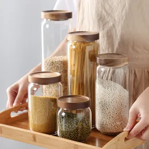 Glass Food Storage Jar With Airtight Acacia Wood Lid Clear Borosilicate Round Kitchen Container For Cereal Pasta Coffee Bean Sugar