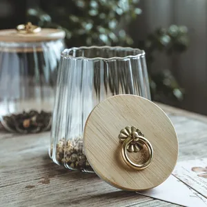 Barattolo di Vetro Trasparente Scanalato Con Coperchio in Bambù E Cucchiaio Anello di Trazione Oro Contenitore Alimentare per Cucina Tè Caffè Chicchi