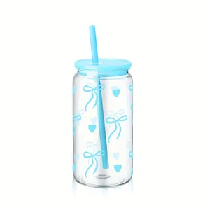 16oz minimalistischer Becher mit niedlichem blauem Schleifen Herz Muster und Halm
