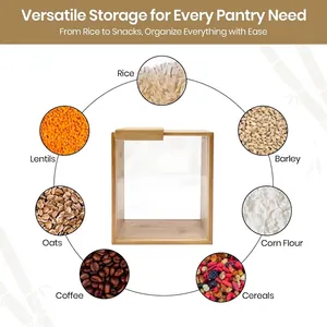Bamboo cereal storage box with sliding lid showing various dry food storage options
