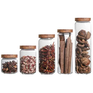 Set of 5 airtight glass food storage jars with natural acacia wood lids for kitchen