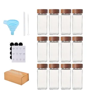 12-piece 4oz square glass spice jar set with acacia wood lids, labels, and funnel