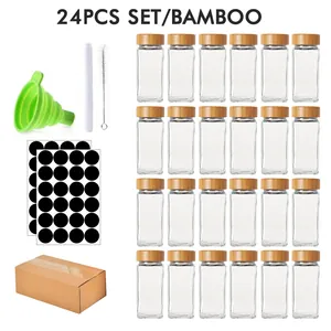 Juego de 24 frascos de especias de vidrio 120ml con tapas de bambú y etiquetas
