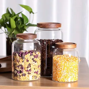 Borosilicate Glass Storage Jar With Acacia Wood Lid Airtight Food Container Transparent Cylindrical Kitchen Storage Jar