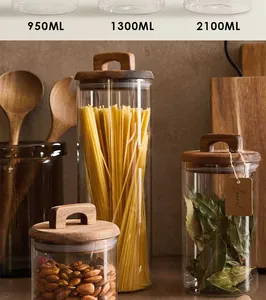 Airtight glass storage jars with acacia lids in 950ml, 1300ml, and 2100ml sizes