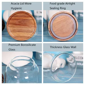 Close-up details of borosilicate glass storage jar with acacia wood lid and airtight seal