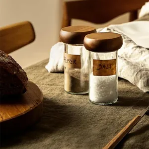 High quality acacia wood lid glass spice jars set with handwritten pepper and salt labels
