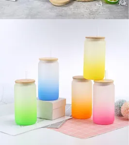 Detailed view of five colorful gradient frosted glass cups with bamboo lids and straws.