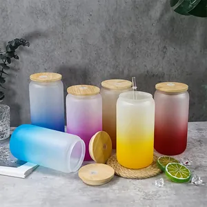 Sublimation Gradient Frosted Glass Cup With Bamboo Lid And Glass Straw Can Shaped Mason Jar For Cold Drinks Milk Water Cup