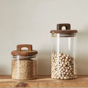 Hand Blown Borosilicate Glass Storage Jar With Acacia Wood Handle Lid Airtight Food Canister For Kitchen Grain Coffee Bean Dried Fruit Tea