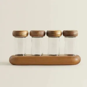 Acacia Wood Cover Glass Spice Jar With Base Round Clear Glass Storage Bottle Jar For Kitchen Organization Salt Pepper Shakers