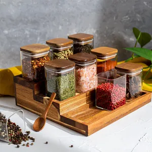 Tarros de Especias Cuadrados de Vidrio de Borosilicato Con Tapa de Madera Botellas de Condimentos Selladas Contenedores de Almacenamiento de Cocina