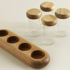 Acacia wood lid glass spice jar set with wooden base and 90ml airtight bottles