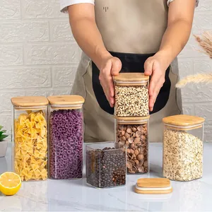 Square High Borosilicate Glass Storage Jar With Airtight Bamboo Lid Kitchen Sealed Food Container For Grain Spice Coffee