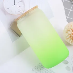 Green gradient frosted sublimation glass can cup with bamboo lid and glass straw