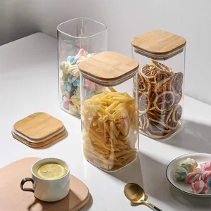 Set of square borosilicate glass storage jars with airtight bamboo lids for kitchen