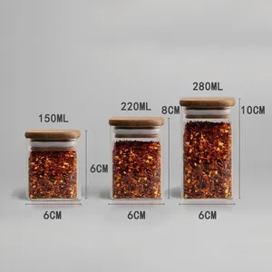 Botes cuadrados de cristal borosilicato para especias con tapa de madera, tres tamaños