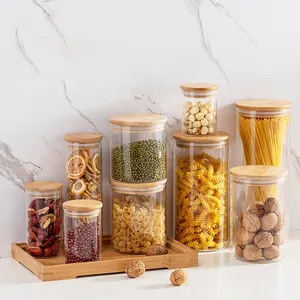 Transparent Round Glass Food Storage Jar With Airtight Bamboo Lid Kitchen Organization For Beans Grain Snacks Storage Pantry Container