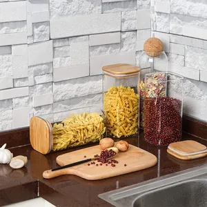 Large square glass storage jars with bamboo lids for kitchen pantry organization set
