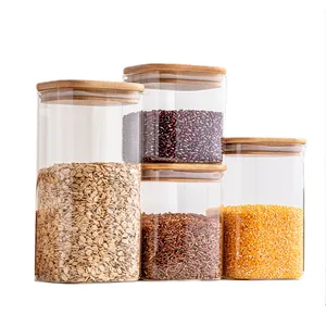 Square high borosilicate glass storage jars with airtight bamboo lids for kitchen