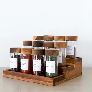 Gewürzdosen-Set aus Glas mit Akazienholz-Deckeln und 3-stöckigem Holzregal Runde Lebensmittelqualität Gewürzbehälter für die Küche