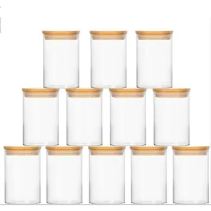 Lot de 12 bocaux en verre borosilicate transparent avec couvercles hermétiques en bambou