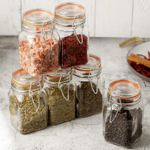 Small Airtight Glass Spice Jar With Metal Clip Lid Transparent Square Condiment Storage Bottle For Kitchen Spices