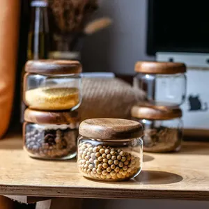 Japanese Round Transparent Glass Storage Jar With Natural Acacia Wood Lid Airtight Canister For Coffee Grain Snack Kitchen Organization