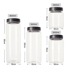Four glass storage jars with black lids and dimensions: 800ml to 1800ml capacity