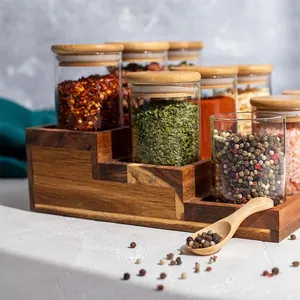 Set di Barattoli in Vetro Borosilicato Con Coperchi in Bambù e Rack in Legno Contenitori per Spezie da Cucina Ermetici